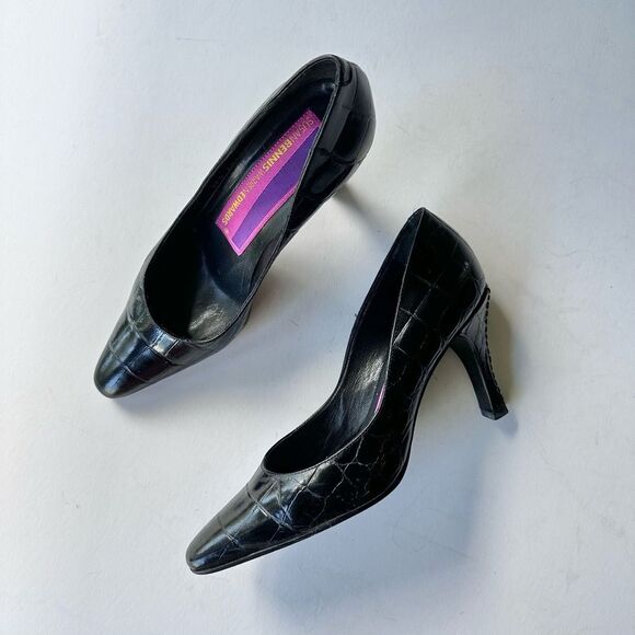 Vintage Susan Bennis Warren Edwards Black Leather Croc  Pointed Toe Pumps 7.5 - Picture 1 of 14